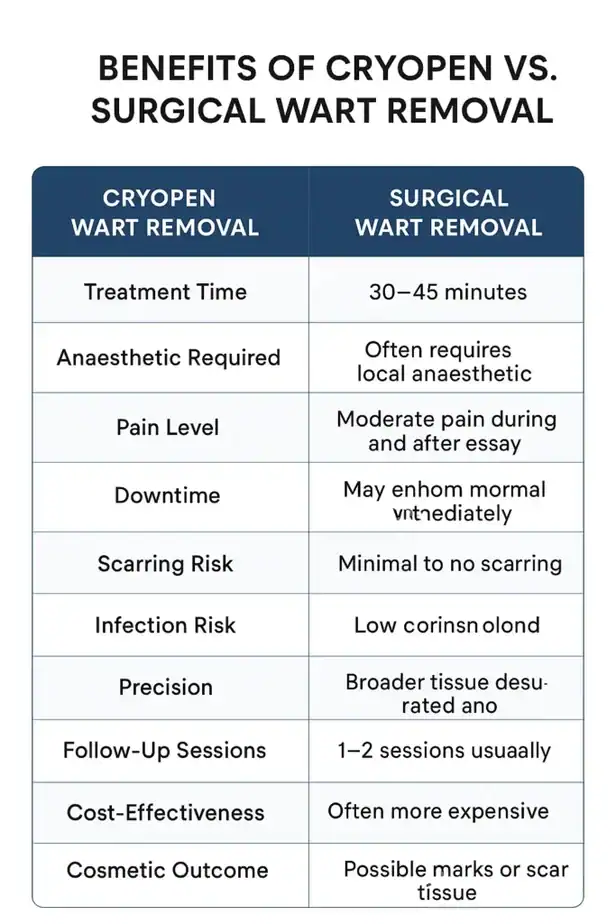 Table showing the benefits of cryopen to remove warts Newport compared to surgical treatment